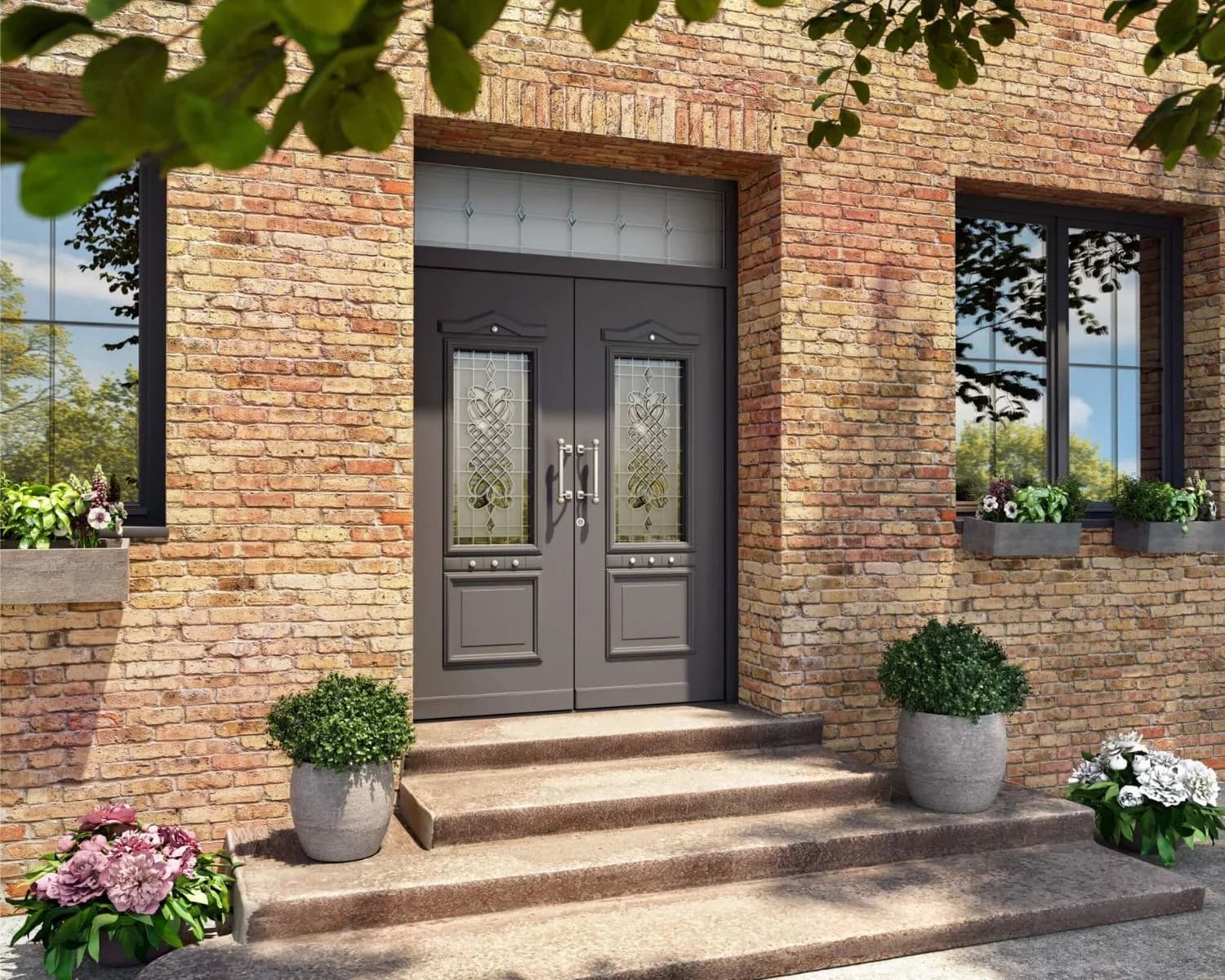 Classic double door with transom and ornamental glass